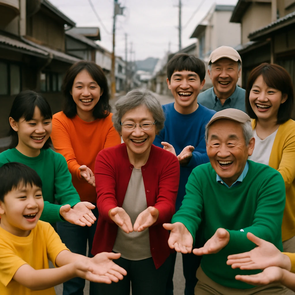 さまざまな年代の人々がカラフルな服や小物を身につけ、町の通りで手を差し出してエア花束を贈る瞬間を捉えた写真です。