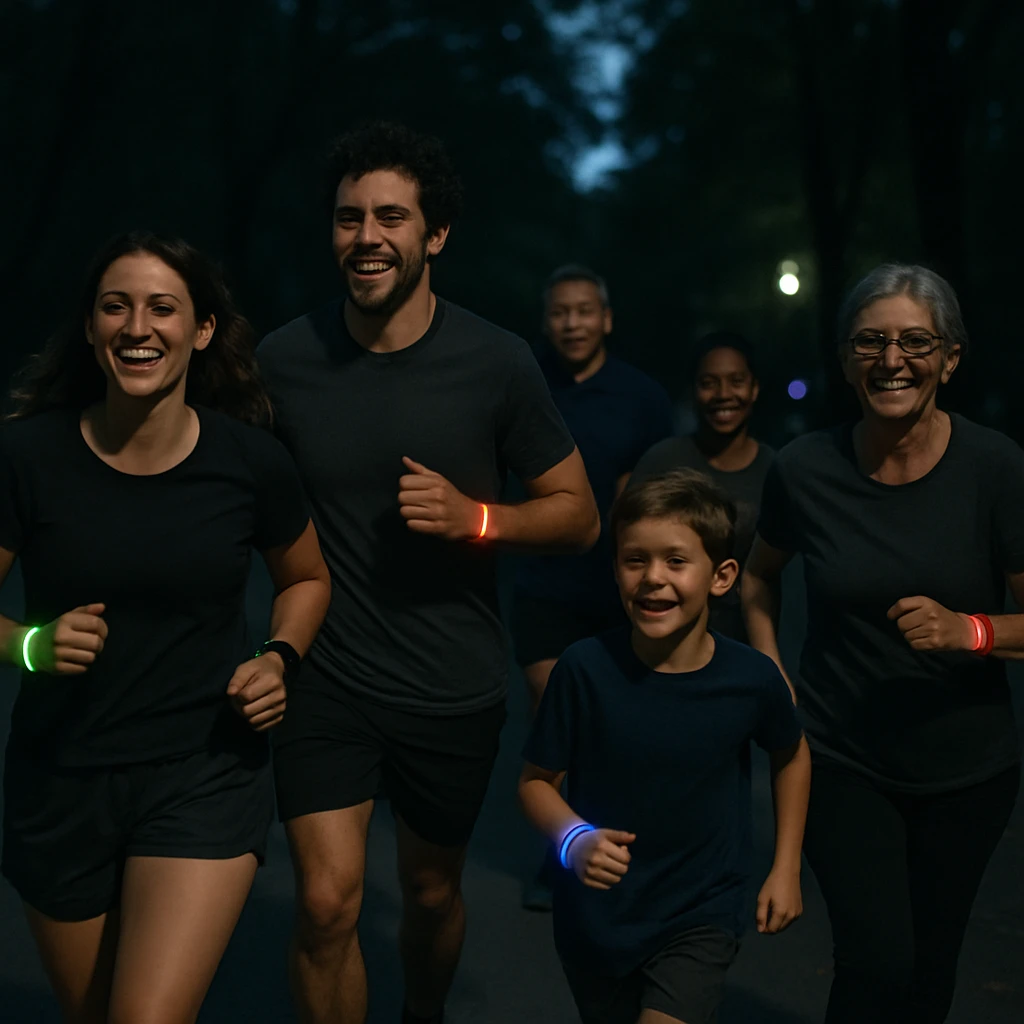夜の公園で色とりどりの発光リストバンドをつけて走る多世代の人々が笑顔で集う様子の写真。