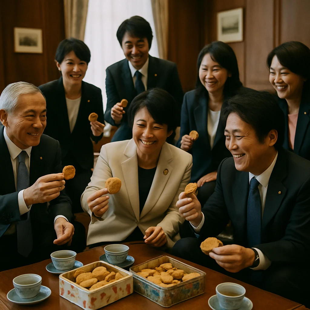 国会議員控室で、議員たちが手作りクッキーを囲みながら和やかに談笑している様子の写真。