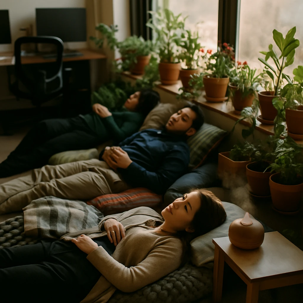 オフィスの一角で社員が手作りクッションの上で昼寝をしており、周囲には数多くの観葉植物や花が並んでいる様子。