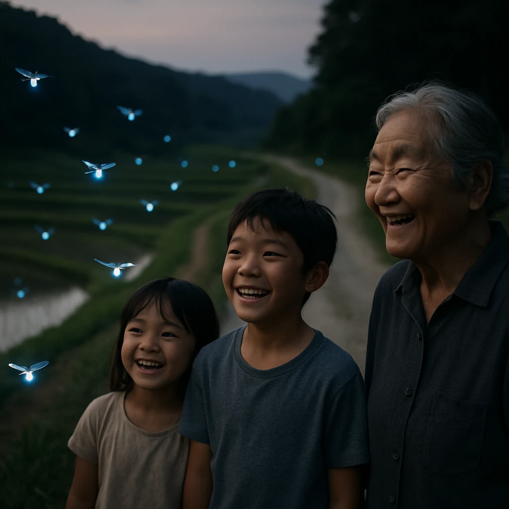 棚田のあぜ道で青く光るホタル型ドローンを見上げている子どもと高齢女性の実写風写真。