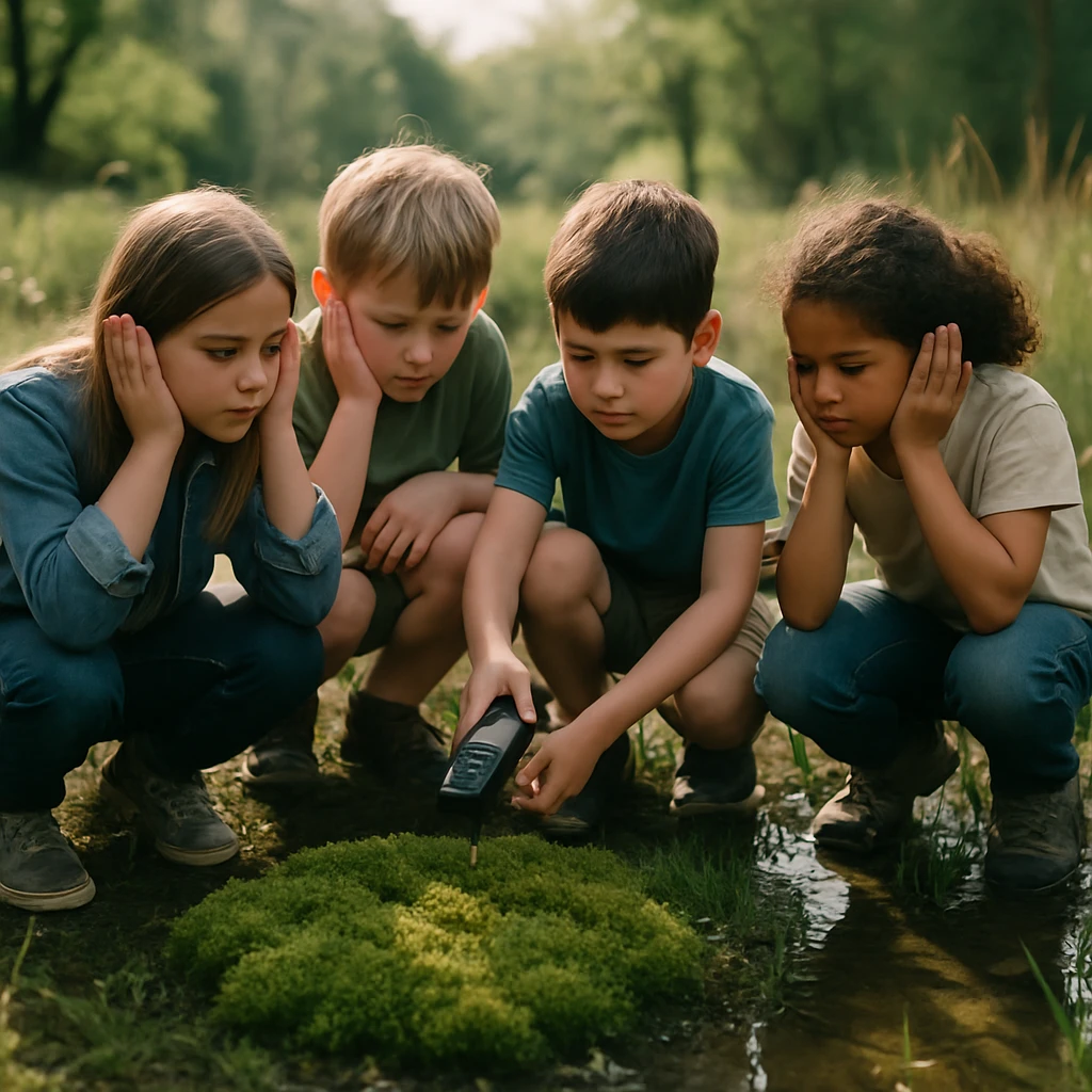 湿地の青々とした苔のそばで、耳を澄ませてしゃがむ複数の小学生たちの様子。