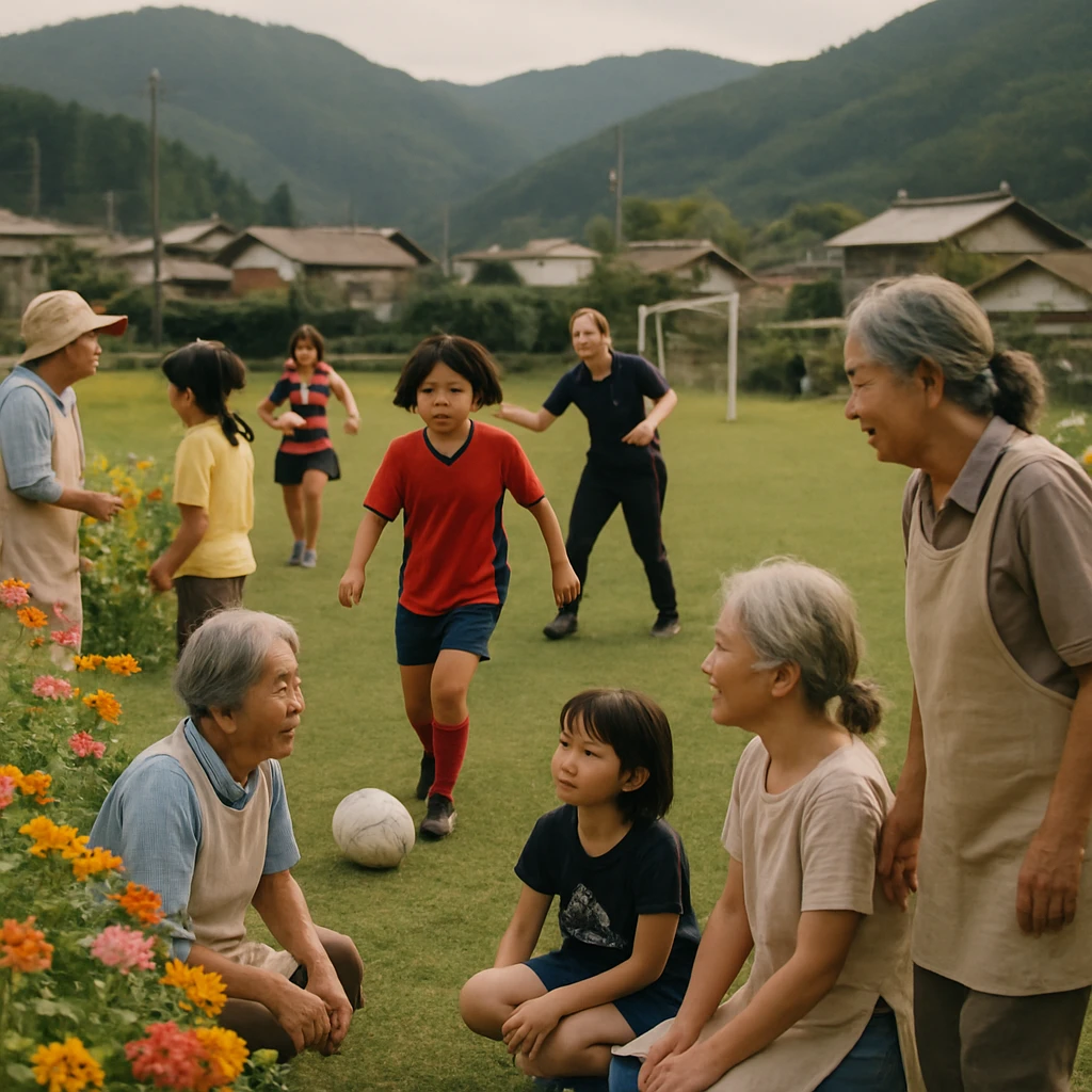 芝生のグラウンドでさまざまな年代の女性や少女たちがスポーツを楽しみ、地域の高齢者が横で応援や交流をしている様子の写真です。