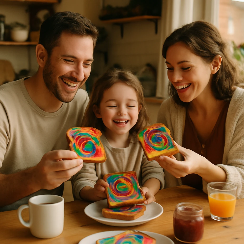 カラフルな虹色トーストを囲み、親子が朝食テーブルで笑顔を見せている様子の写真です。