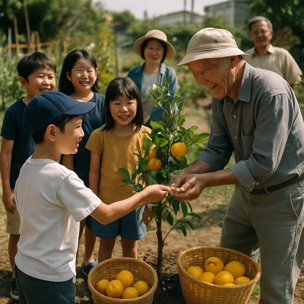 地域の共同畑で小学生たちがゆずの木を囲み、手作りコインをお年寄りに手渡している様子。
