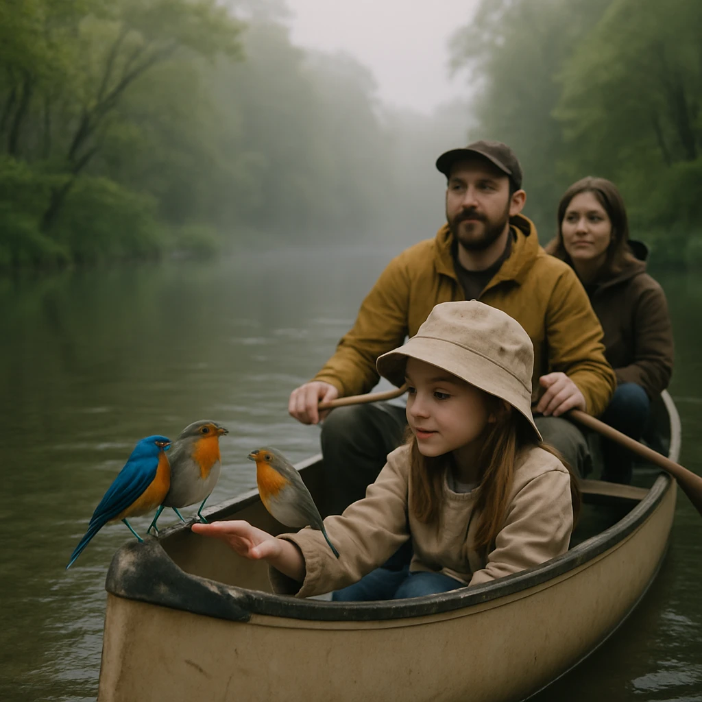 春の朝靄の中、川に浮かぶカヌーの舳先に小鳥が止まり、家族と子どもが手を差し伸べている写真。