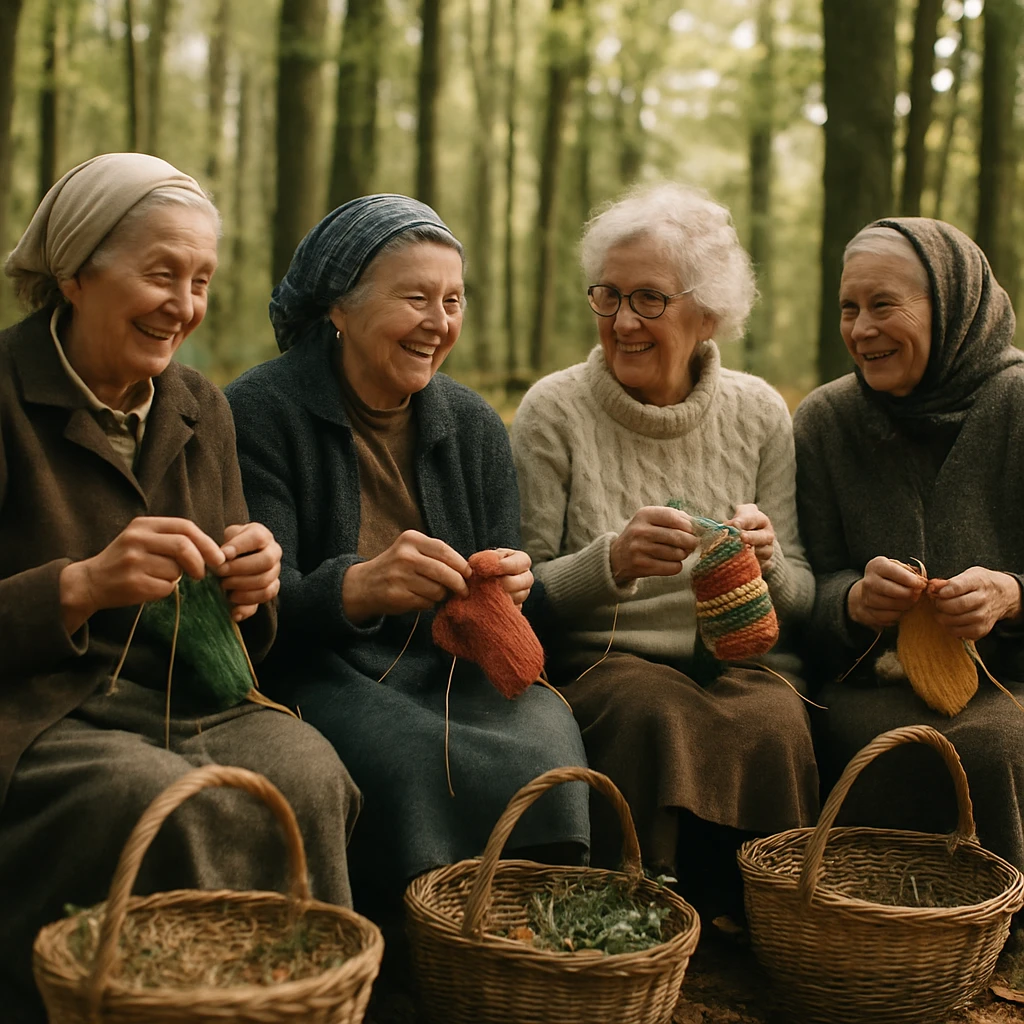 ブナ林の中でおばあちゃんたちが楽しそうに編み物をしている様子の写真。
