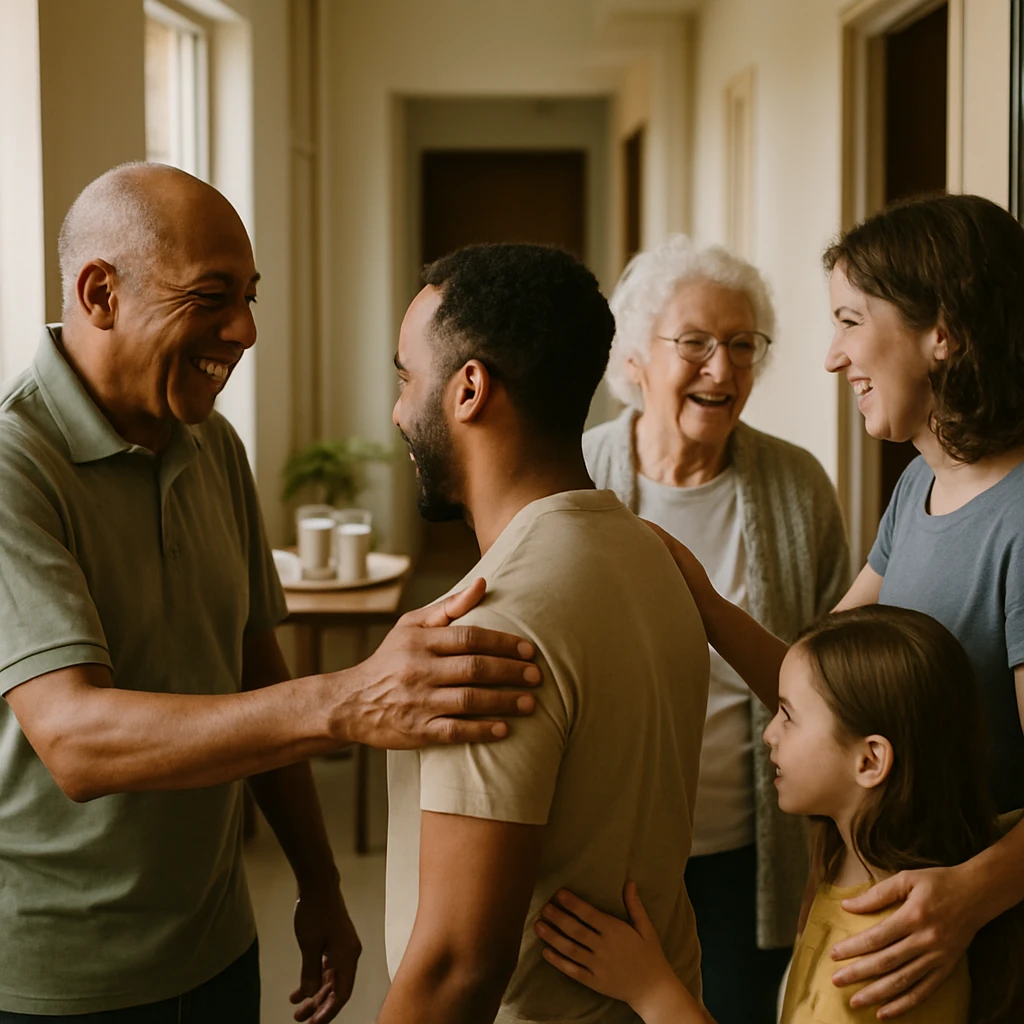 アパートの廊下で様々な年代の住人たちが朝に笑顔で肩を軽くたたき合いながら挨拶する様子が自然光の中で写っている。