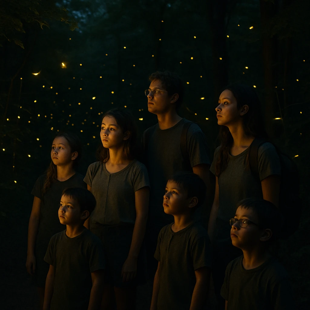 夜の森の小道で光るホタルを見上げる子どもたちと大学生の姿。