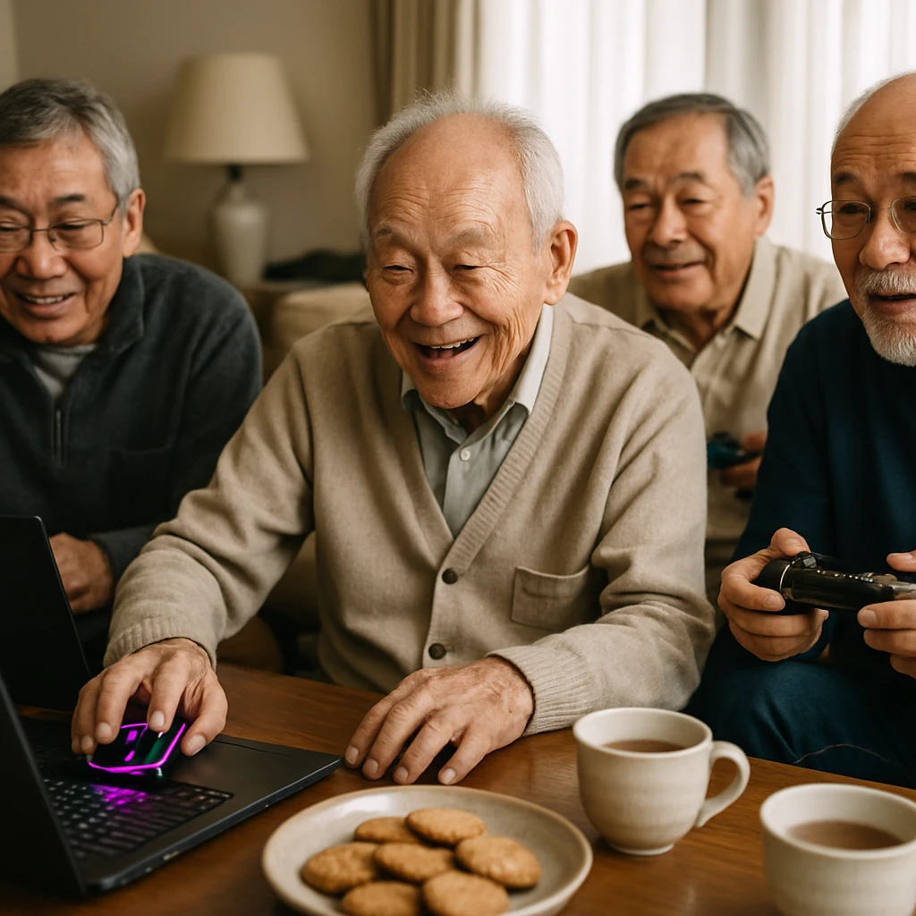 高齢の男性たちがリビングのテーブルを囲み、笑顔でオンラインゲームを楽しむ様子の写真です。