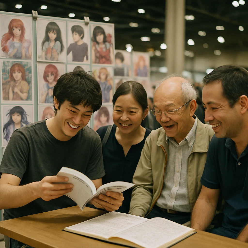 コミケ会場で多様な年齢層の人々がファンアートに囲まれ、合同誌をめくりながら感想ノートが置かれているブースの様子。