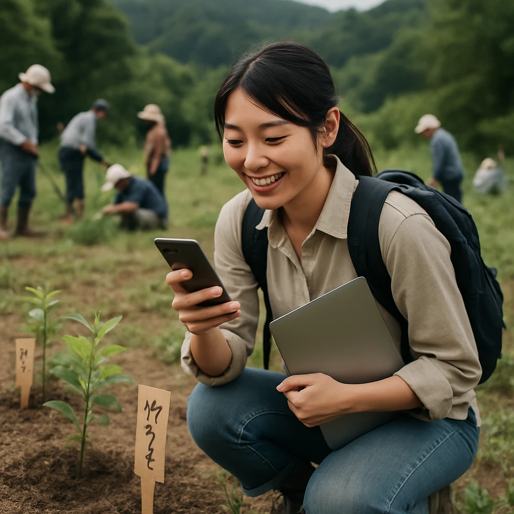 山村の森でバックパックを背負った若い日本人女性が植えた苗木のそばでスマートフォンを見ながら微笑んでいる場面。