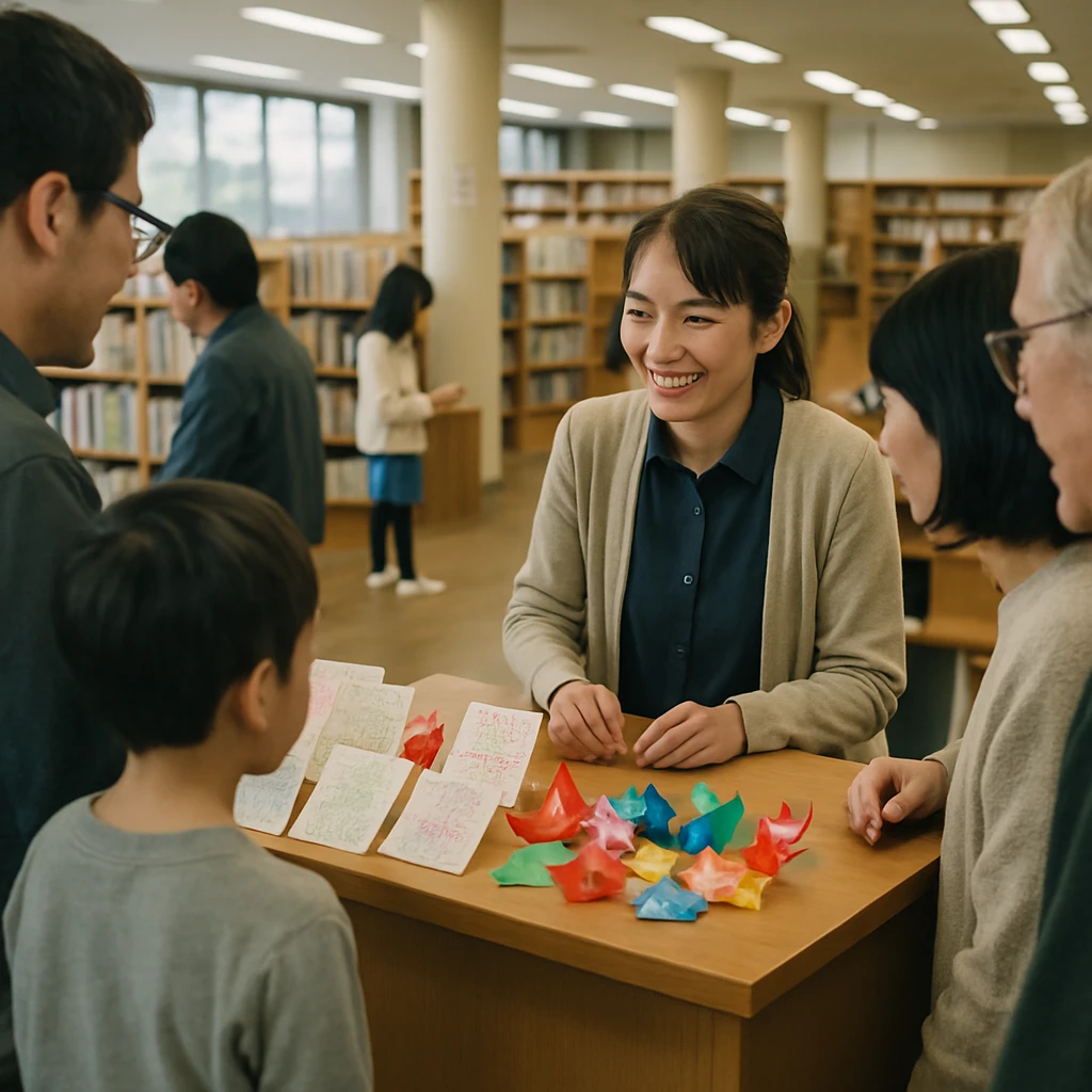 日本の明るい図書館で司書が利用者と笑顔で接し、カウンターには手作りのありがとうカードや折り紙が積まれている様子。