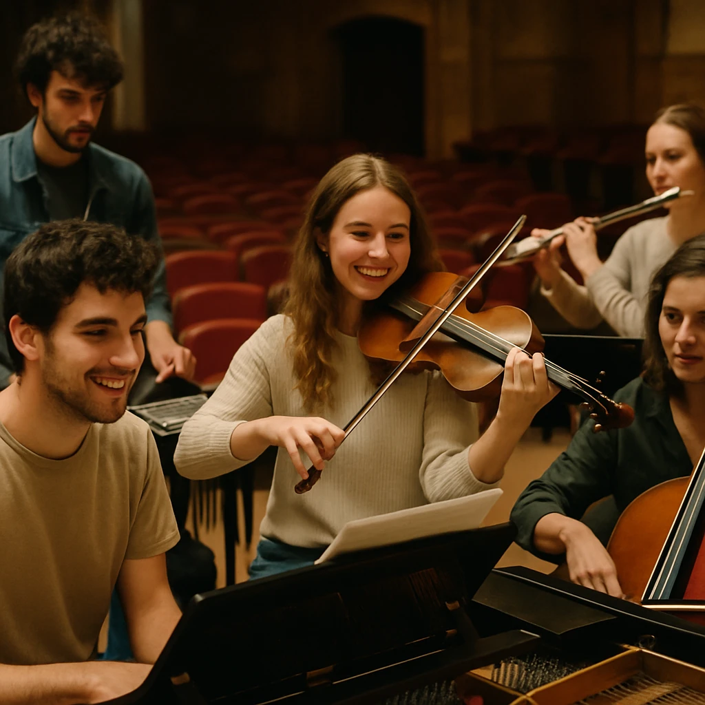 歴史あるホールで様々な楽器を手にした若いクリエイターたちがリハーサルしている様子。