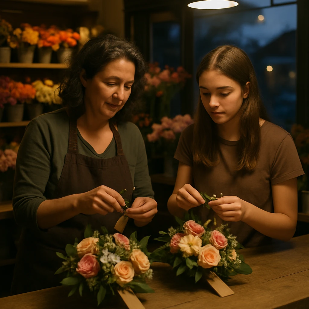 夕暮れ時の温かい照明が灯る小さな花屋で、母娘が花束にIDタグを付けている様子。