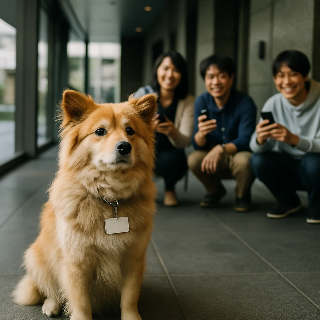 オフィスビルのエントランスで首輪と名札を付けた中型犬が座り、周囲の会社員がスマートフォンで笑顔で写真を撮っている様子。