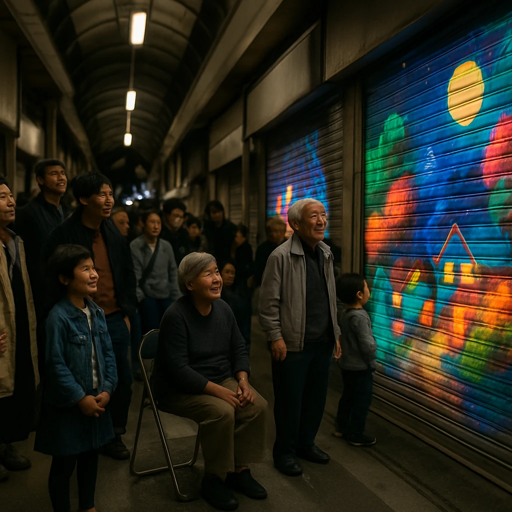 閉店した商店街のシャッターに七色のプロジェクションマッピングが映し出され、子どもから高齢者までさまざまな人々が夜のアーケードに集まって見上げている写真。