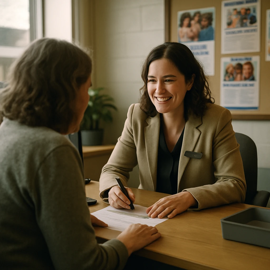 地域銀行の窓口で中年女性と女性銀行員が笑顔で預金の申し込み書類を記入している様子。