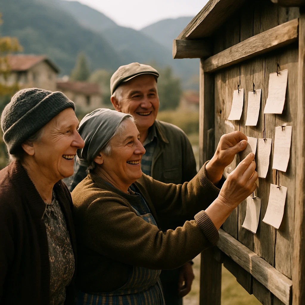 山村の屋外掲示板の前で手書きのメモを掲示しながら交流する多世代の村人たちの自然な様子。