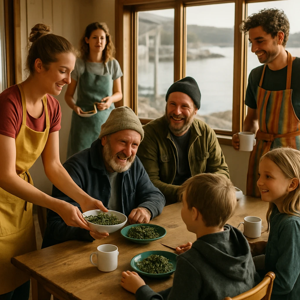 海藻カフェでカラフルなエプロンを着たスタッフが、地元の漁師や子どもたちに料理を運ぶ和やかな朝の風景。