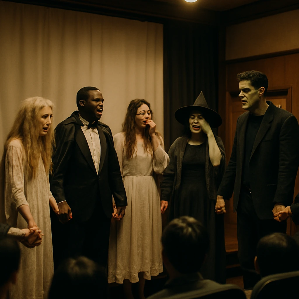 レトロな映画館のステージで、幽霊や吸血鬼のコスプレをした人々が輪になって手をつなぎ歌っている様子。