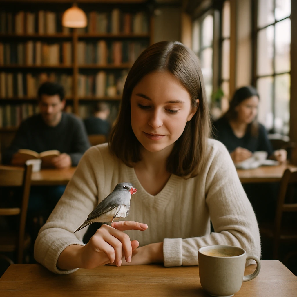 文鳥を優しく手に乗せた若い女性が本棚のある温かいカフェでくつろぐ様子の写真。