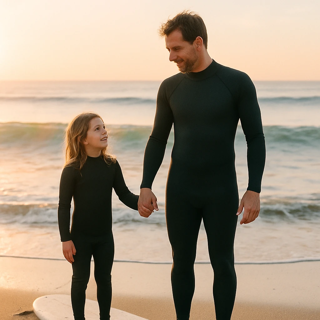 朝焼けの海岸で、父と娘がサーフボードの上に立ち、手をつないで虹色の波を背景に微笑んでいる写真。