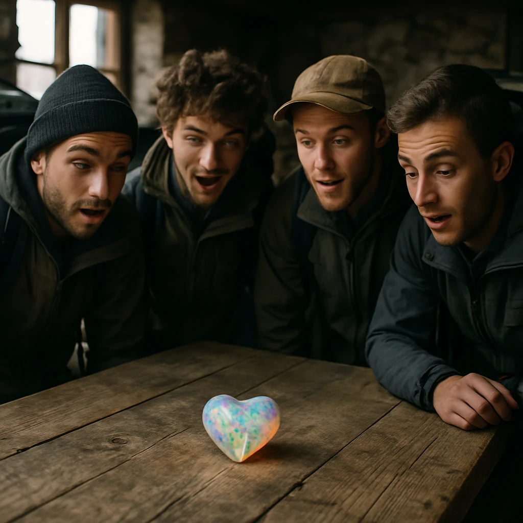山小屋の木のテーブルの上に置かれたハート型の虹色オパールを囲み、感動した表情で見つめる若い男性たちの様子。