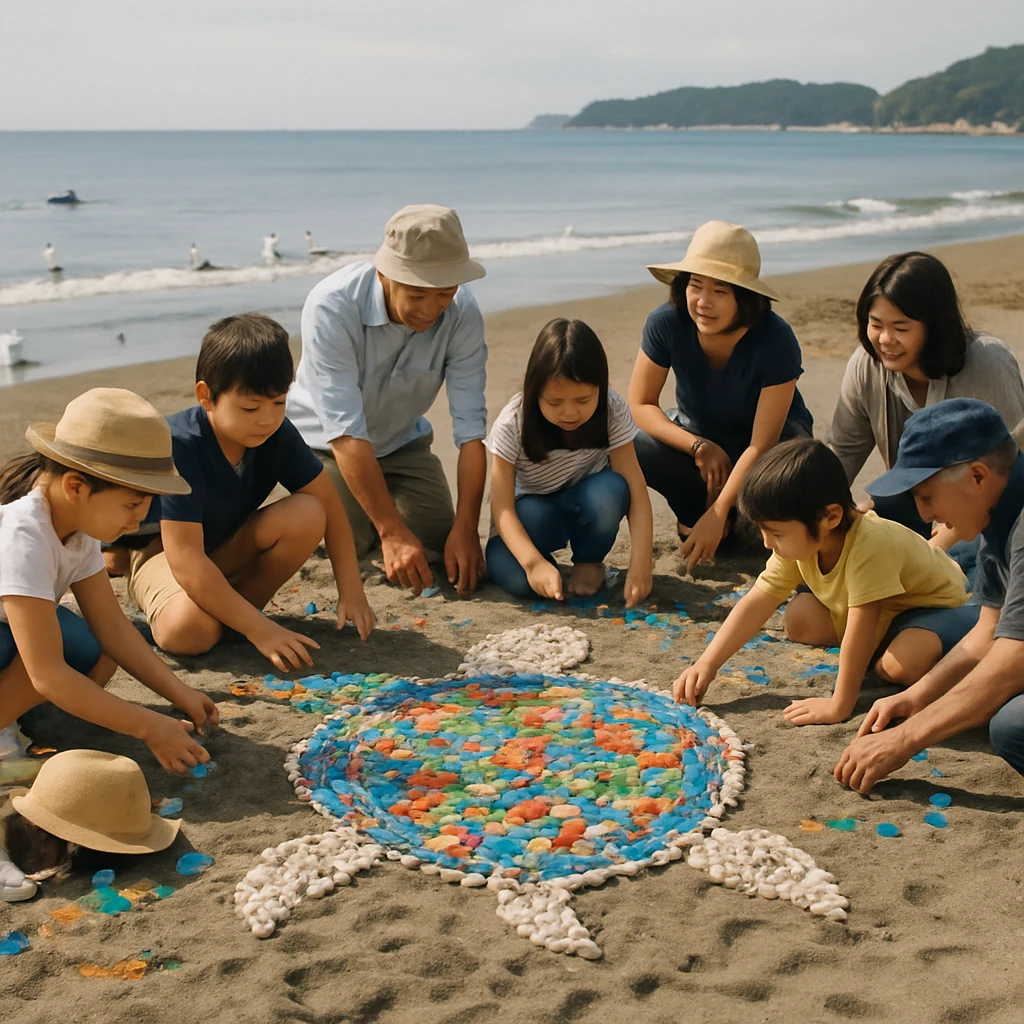 三浦半島の浜辺で、子どもたちと大人が協力してカラフルなプラスチックごみや貝殻を使い、砂浜に大きな海亀のモザイクアートを作っている様子。