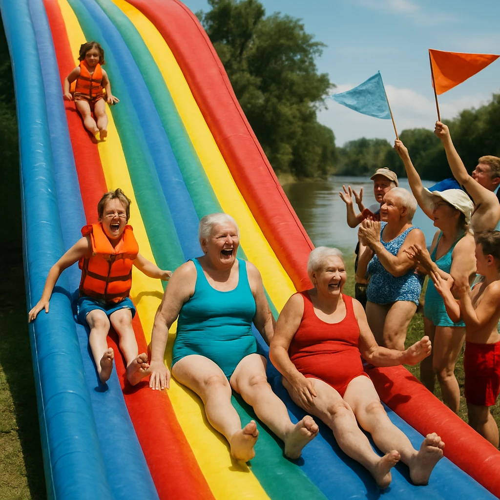 河川敷に設置された虹色のウォータースライダーを、カラフルな水着とライフジャケット姿の子どもや高齢者が滑り降り、観客が応援フラッグを振って見守る様子。