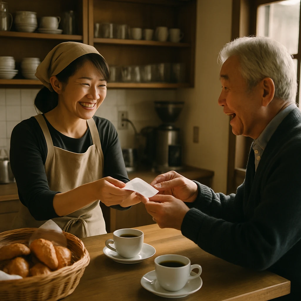 日本のカフェで女性が手書きのカフェチケットを驚いた表情の男性に手渡している様子。