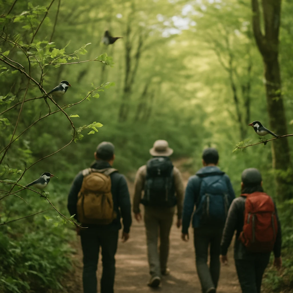 群馬県榛名山系の森の登山道で、小鳥たちが枝から枝へ移動しながら登山者を先導している様子の写真。