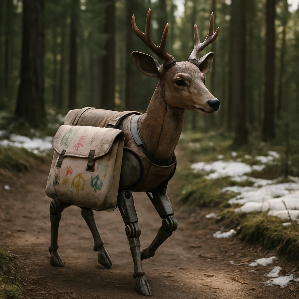 針葉樹林の林道を手作りの郵便袋を下げて歩く鹿型ロボットの様子。