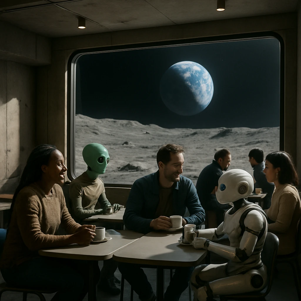 月面カフェの店内で多様な人々とアバター、エイリアンがともにコーヒーを楽しんでいる様子。