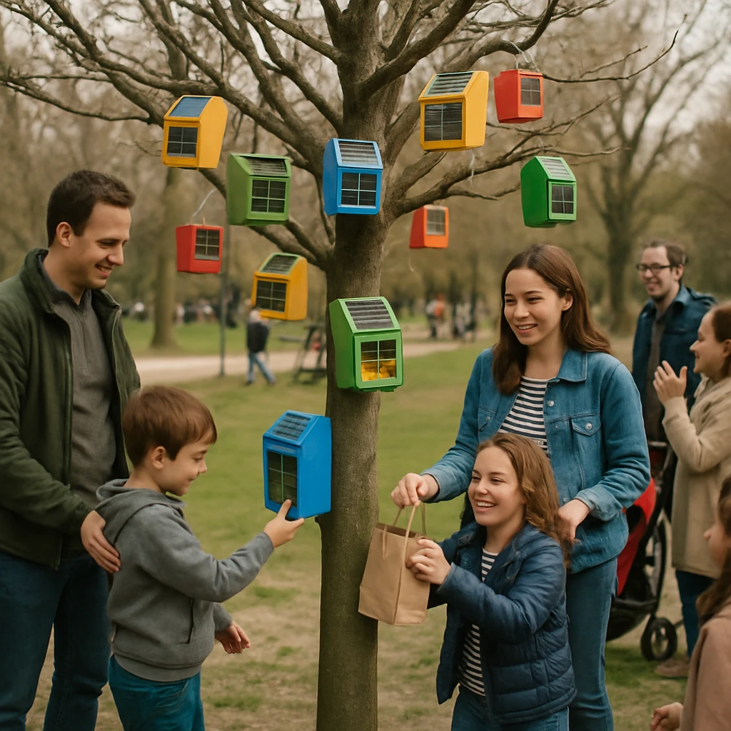 公園の中央にカラフルな小箱が実る特別な木が立ち、周囲で家族や友人たちがギフトを受け取ったり贈ったりしている様子の写真。