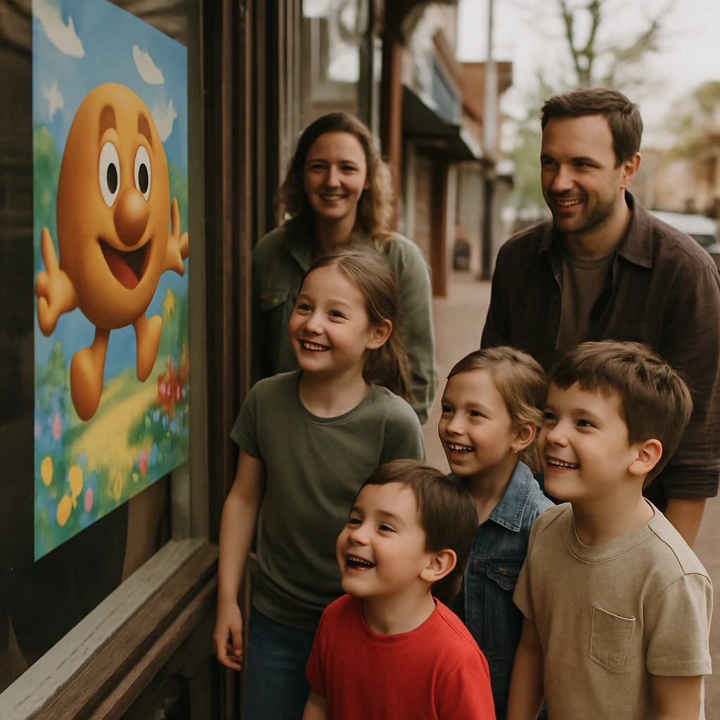 春の小さな町の通り、カラフルな映画ポスターの前で笑顔で集まる子どもたちと親たちの様子。