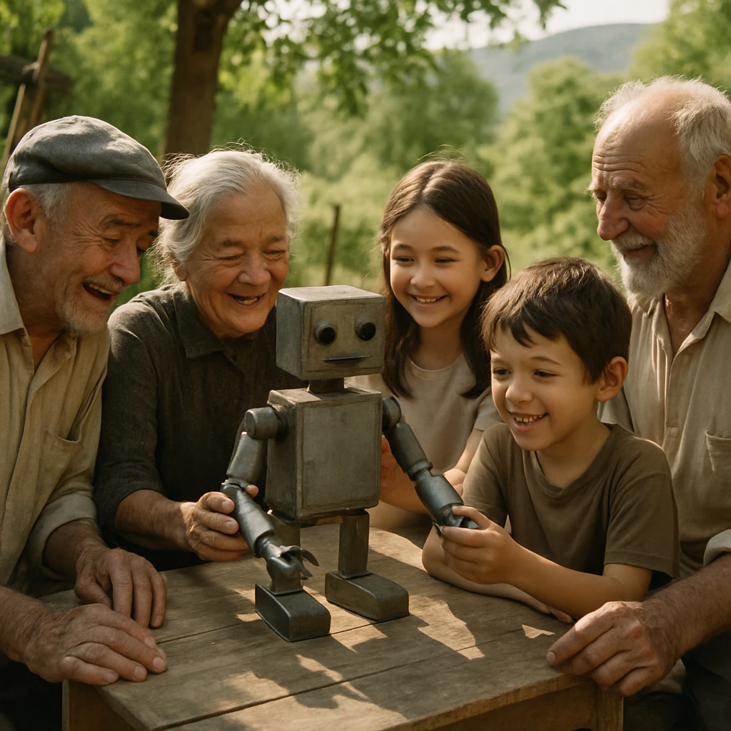 里山の野外テーブルで手作りロボットを囲み、笑顔で交流する高齢者と子どもたちの写真。