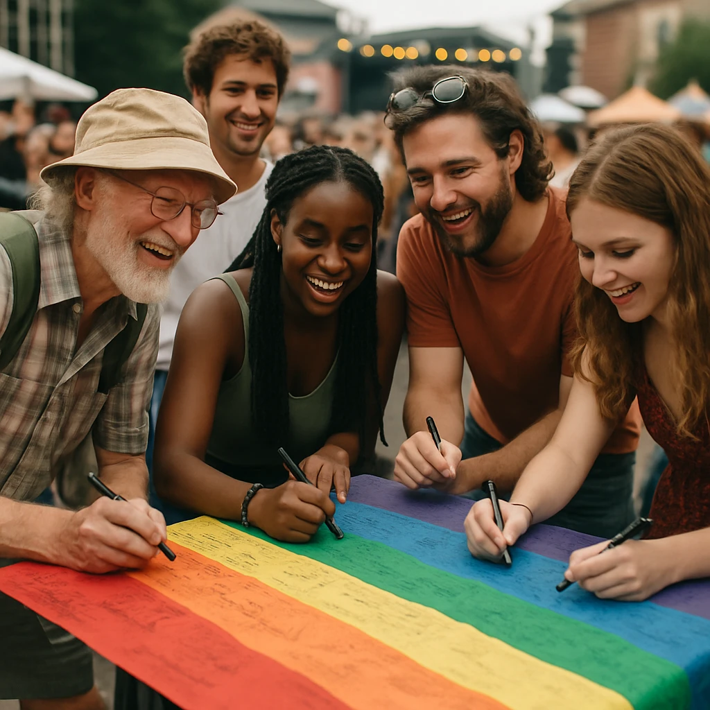 都市型音楽フェス会場で、来場者たちが巨大なメッセージ入りフラッグに思い思いの言葉やイラストを書き込んでいる様子のリアルな写真。