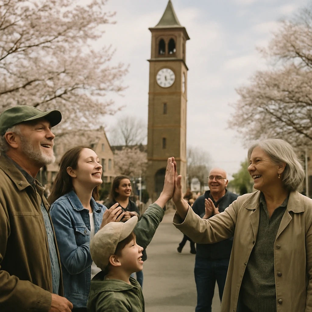 時計塔のチャイムに合わせて広場で笑顔になる住民たちが映る春の日の写真。