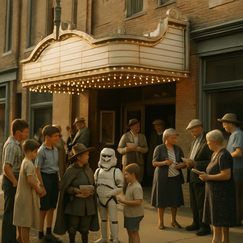 町の歴史ある劇場の前でコスプレ姿の子どもや大人たちが集まり、笑顔で談笑している様子。