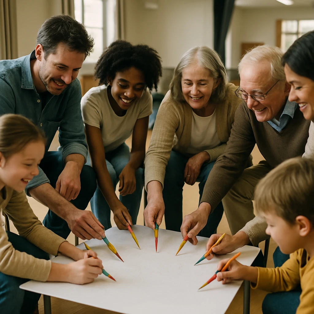 様々な世代の人々が円になって座り、中央の大きな紙に虹色のえんぴつで楽しそうに絵を描いている様子。