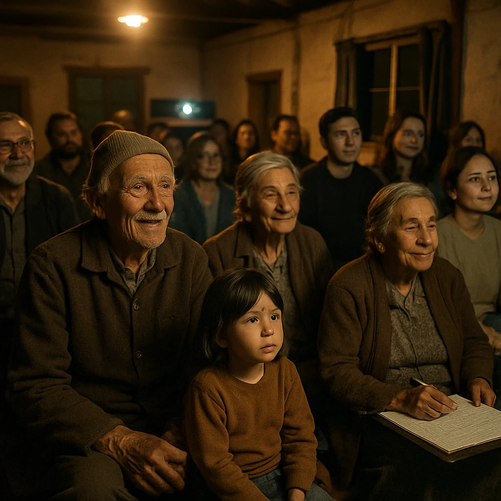 地域の集会所で映画を楽しむ村の高齢者や子どもたちがスクリーンを見つめる夜の様子。