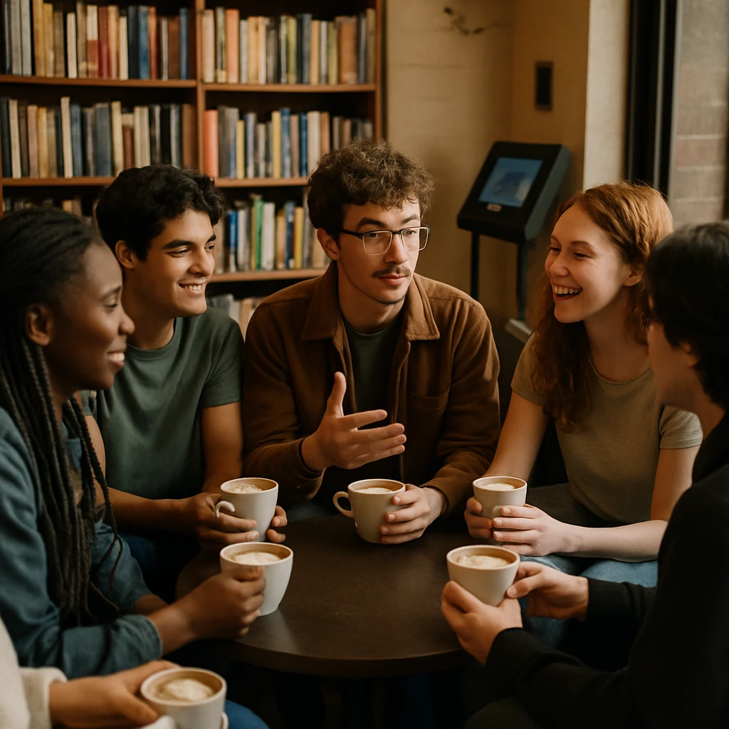 古本屋カフェの丸テーブルでカフェラテ片手に若者たちが真剣に語り合う様子の写真。