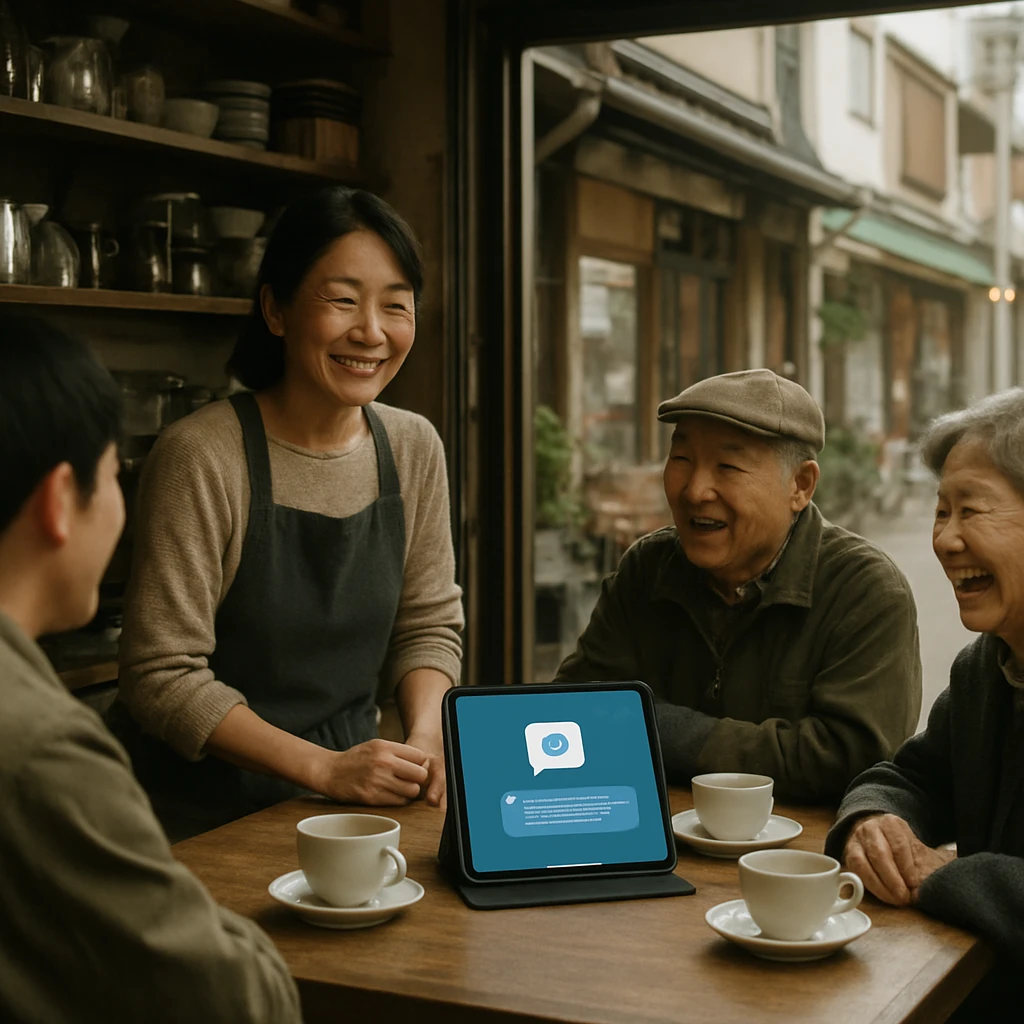 小さな商店街のカフェカウンターでバリスタと常連客が笑顔で会話し、カウンター上のタブレットがチャットボットを表示している様子。