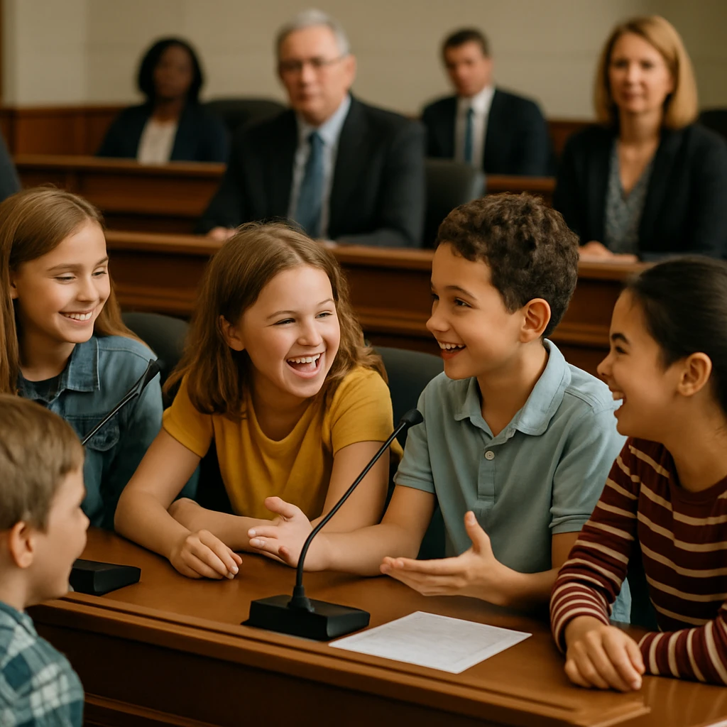 国会の特設会議室で子どもたちが議論する様子を写した実写写真。