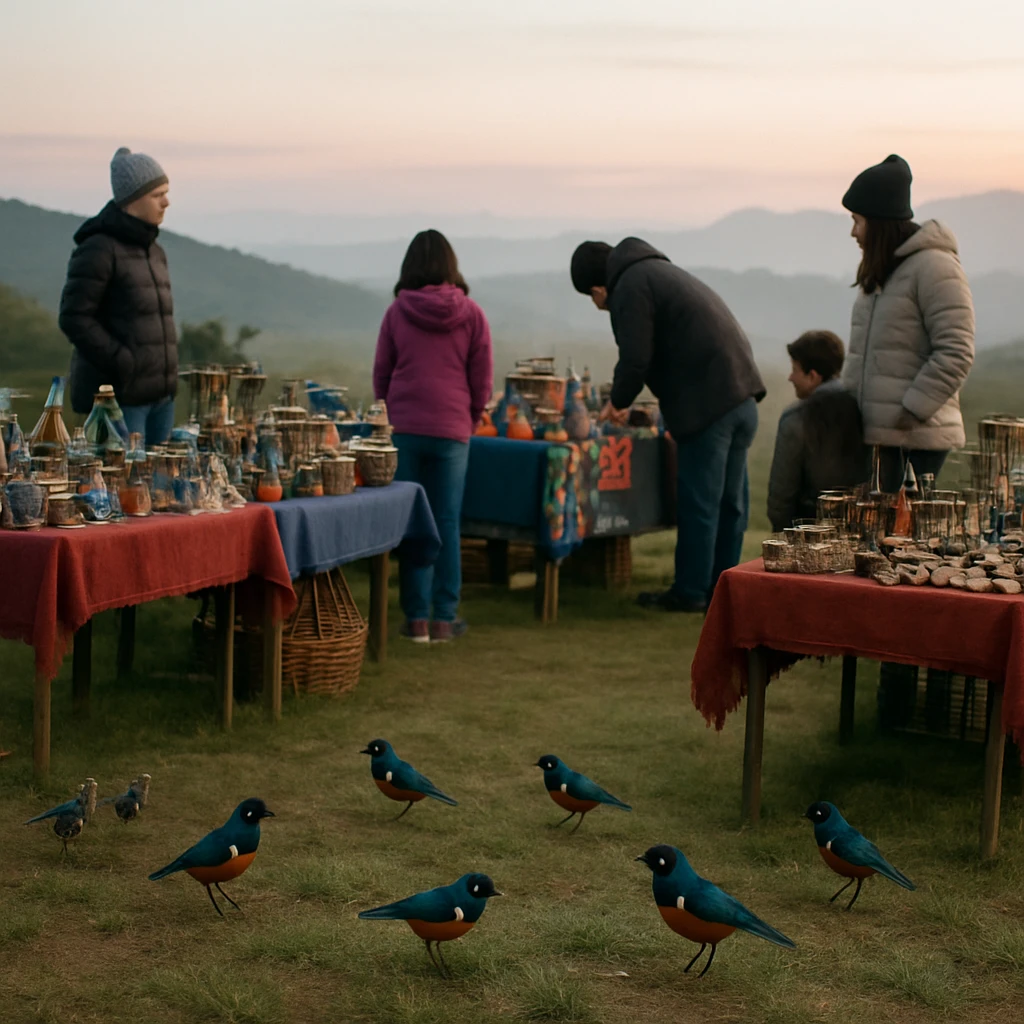 高原の朝、市場のテーブルにリサイクル素材の手作り品が並び、虹色の羽根を持つスズメと来場者たちの交流が見られる様子。
