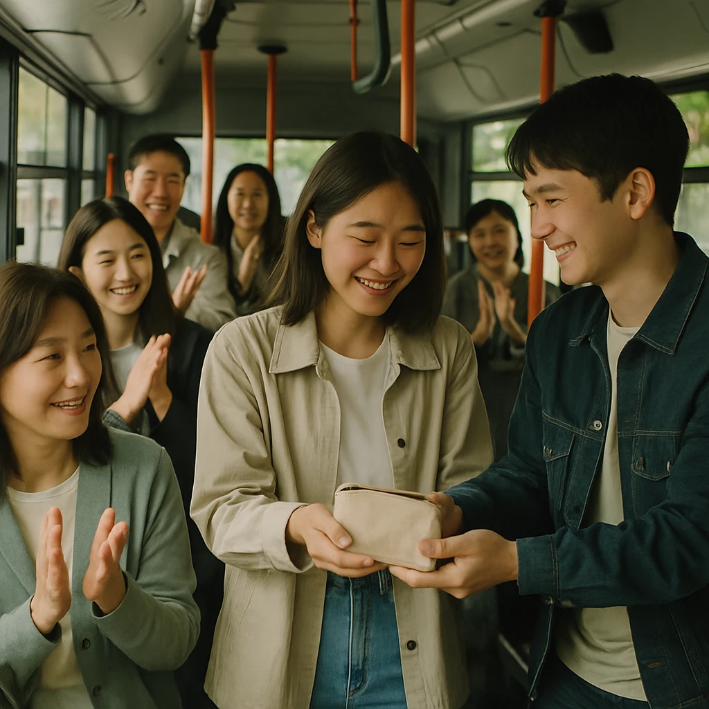 ソウル市内のバス車内で、若い女性が男性からコスメポーチを受け取り、周囲の乗客たちが微笑んで見守る様子を写した写真。