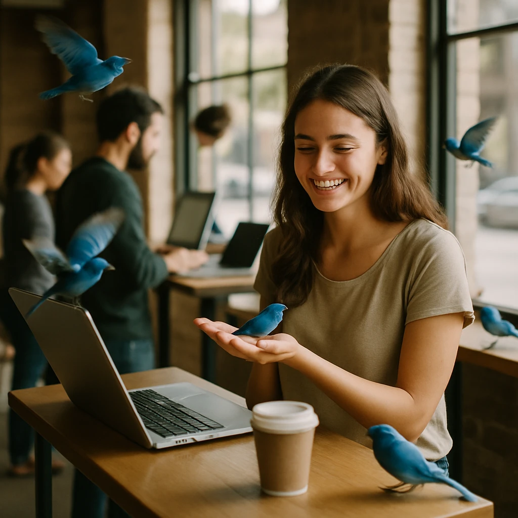 カフェ店内でノートパソコンに向かって仕事をしている女性の手に青い小鳥が止まっている様子。