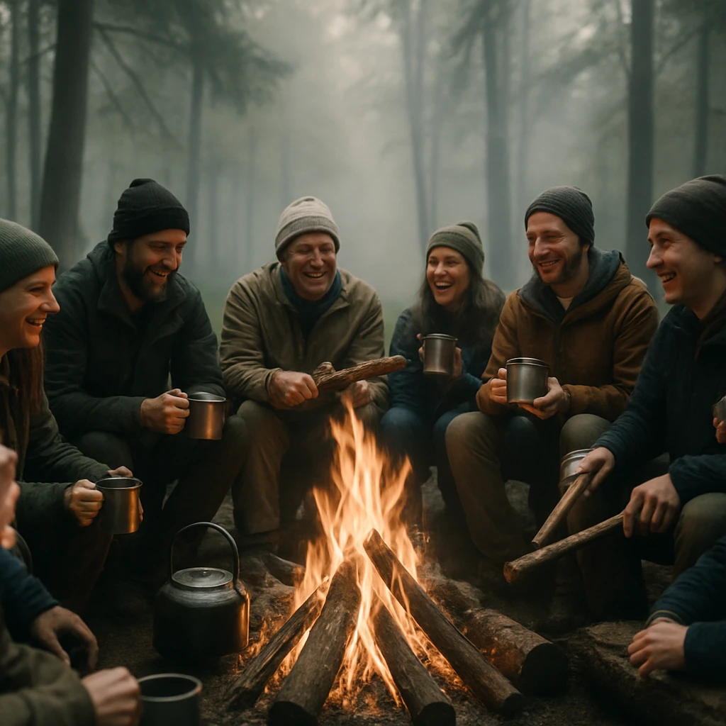 朝もやの森で焚き火を囲み、キャンプギアで即興演奏を楽しむ男女や子どもたちの様子。
