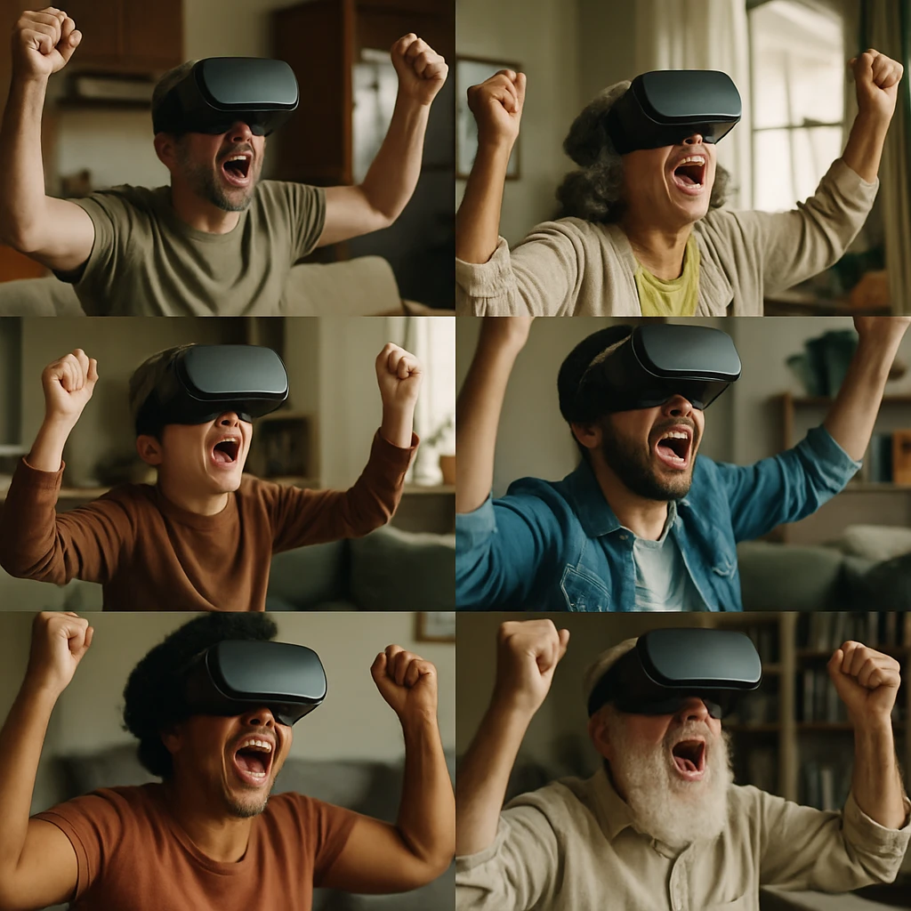 世界中の人々が自宅でVRヘッドセットを着用し、同じ瞬間に手を挙げて応援や歓声をあげている様子のリアルな写真。